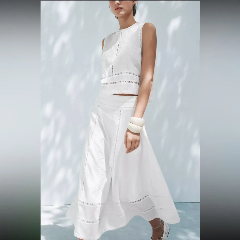 New ZARA ZW Collection Embroidered Midi Skirt
